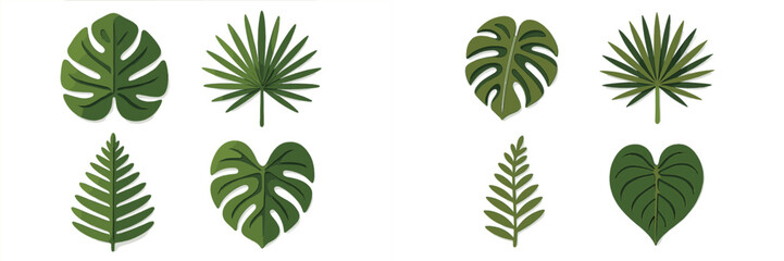 Green tropical leaves in various shapes arranged on a clean white background for decoration and crafts