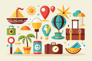 Travel icons representing summer adventures and activities in a playful and colorful design