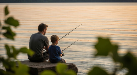 Father and son enjoy peaceful fishing together at sunset, creating cherished memories on the lake shore, a timeless bonding experience