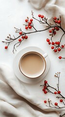 Creamy Coffee Cup with Red Berries and Elegant White Cloth Arrangement Still Life