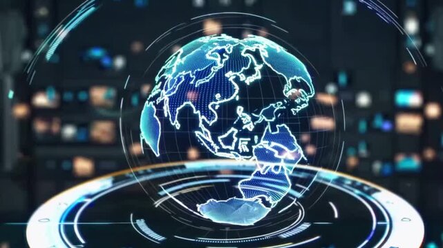 Futuristic digital globe interface on a server rack background. - Powered by Adobe