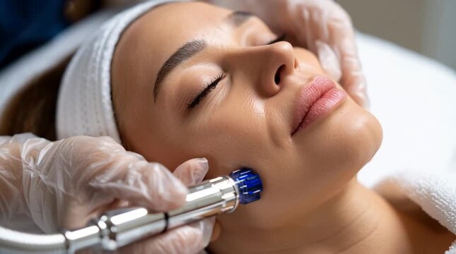 Woman Enjoying a Professional Facial Treatment at a Modern Spa, Receiving Advanced Skincare with a Specialized Device for Deep Cleansing, Hydration, and Skin Rejuvenation