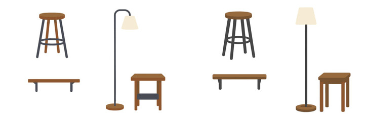 Various furniture items including stools, lamps, and tables arranged in a simple layout for modern interior design