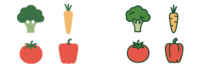 Colorful illustrations of fresh vegetables including broccoli, carrots, tomatoes, and bell peppers arranged in two groups