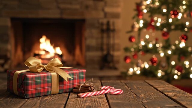 Rustic Christmas Gift by Fireplace - A wrapped Christmas gift sits on a rustic wooden table, accompanied by cinnamon sticks and candy canes.