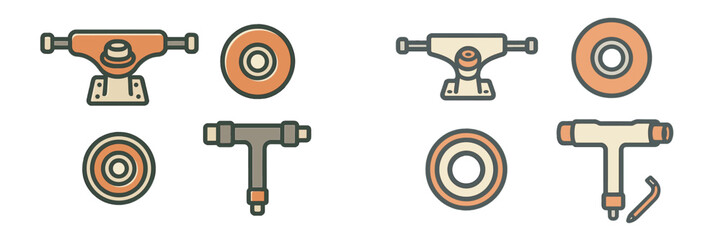 Different types of skateboard trucks and wheels displayed with simple designs and colors