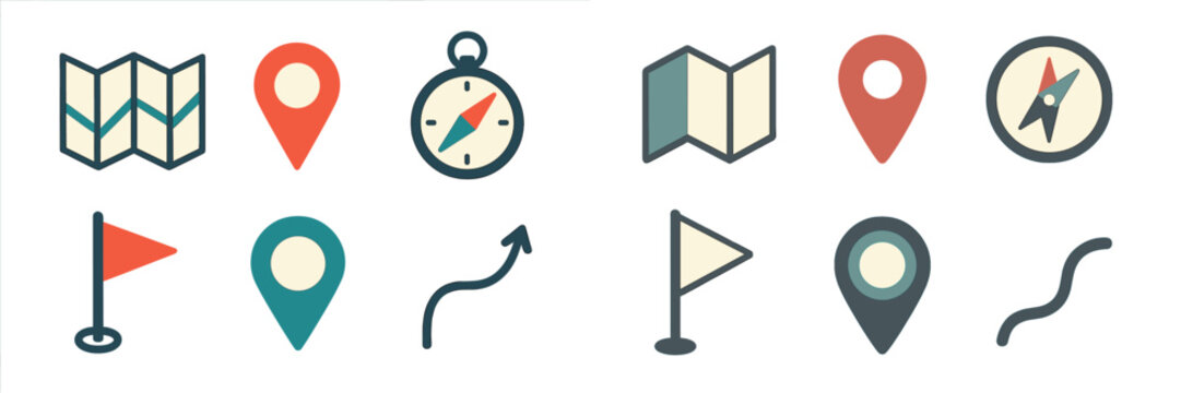 Navigation tools and symbols for exploring and map reading displayed in a clean graphic layout