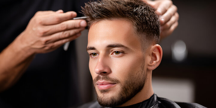 Male client with stylish haircut is receiving grooming service from barber in modern salon, showcasing professional hair styling techniques and contemporary atmosphere