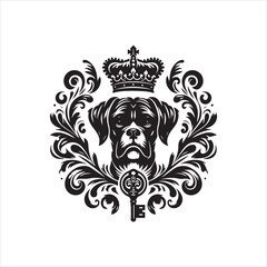 Regal Boxer Dog Portrait with Crown and Ornate Key in Black and White.