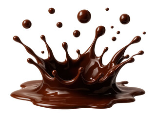 Chocolate liquid drops with splash effect on white background.
