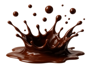 Chocolate liquid drops with splash effect on white background.
