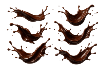 Chocolate splashes in various dynamic shapes on a white background.