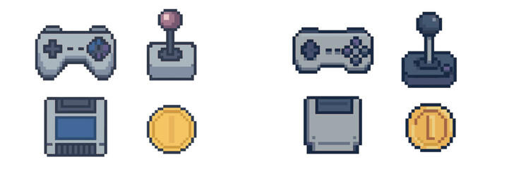 Obraz premium Pixel art collection of game controllers, coins, and retro gaming consoles in vibrant colors