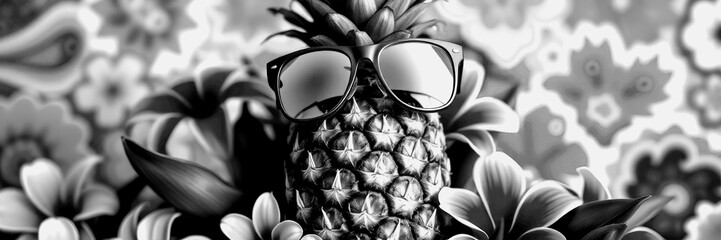 Fun pineapple wearing sunglasses among flowers and patterns