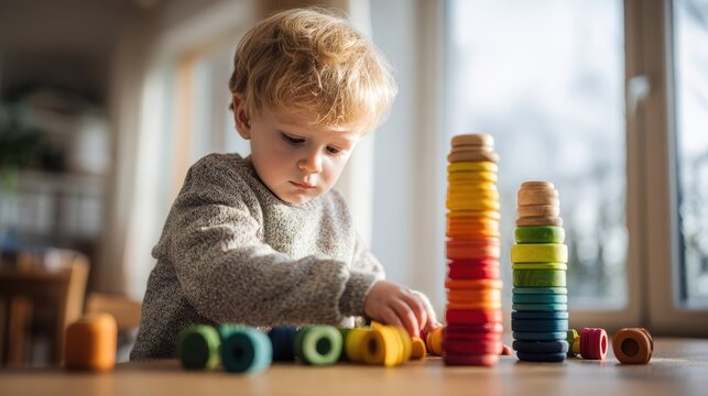 Happy Toddler Stacking Colorful Wooden Cylinders, Learning Through Play at Home, Montessori-Inspired Toy for Brain Development, Natural Light, Preschool Age Boy with Curly Hair