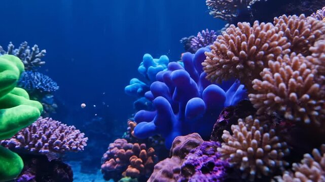 Vibrant Underwater Coral Reef Scene - A close-up shot showcases a diverse array of colorful corals in an underwater scene.
