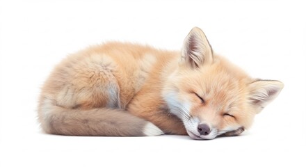 Fototapeta premium 可愛い狐の子、穏やかに眠る 白い背景 柔らかな光