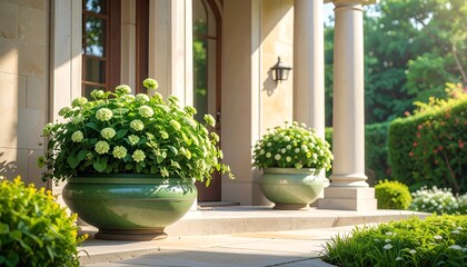 Elegant front porch with hydrangeas