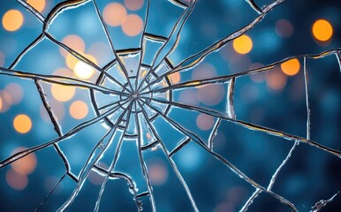 Shattered glass sharp fragments blue bokeh broken