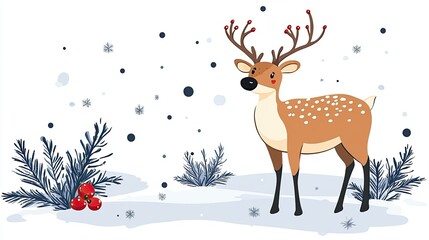 Cute Cartoon Reindeer in Winter Landscape with Snow and Berries