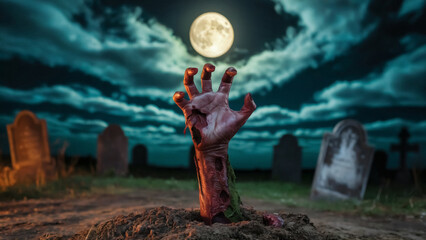 Terrifying zombie hand erupts from grave under full moon haunting graveyard scene