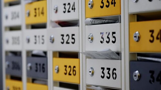 Close-up view of numbered apartment mailboxes with yellow and white doors, several slots holding letters, envelopes, and newspapers, showing organized postal delivery in a hallway