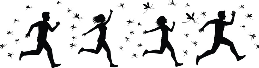 Silhouette of people running, man and woman jogging, outdoor exercise, healthy lifestyle, group fitness activity, freedom movement, sport illustration