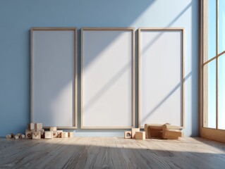 Three light beige wooden picture frames with off-white canvases, against a light-blue wall, cast soft shadows and sit on a light brown wooden floor, surrounded by a few small wooden blocks.