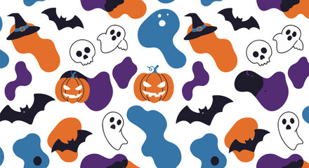 Halloween seamless pattern featuring pumpkins, ghosts, witches hats, and bats on a white background with abstract shapes