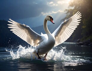 Majestic swan in mid-flight splash
