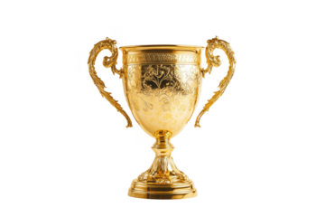 Exquisite ornate golden cup with decorative handles and floral engravings isolated on transparent background