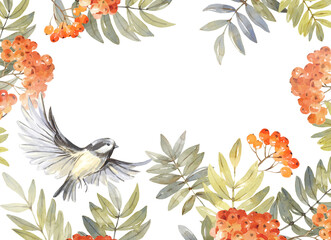 A titmouse and rowan branches frame. Hand-painted watercolor autumn illustration isolated on a white background. Red berries, leaves, and the bird