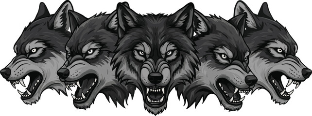 Angry wolf heads illustration, fierce wild animal vector art, growling wolves, black and gray tattoo style design, predator artwork © Vector Sifat