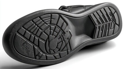 Detailed view of a black shoe sole showcasing intricate tread pattern and design for enhanced traction and durability