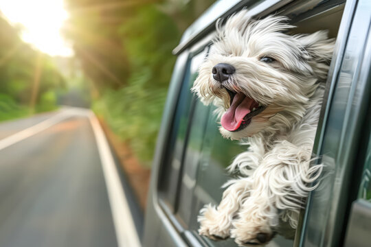 Happy small dog enjoying a car ride with head out of the window on a sunny day