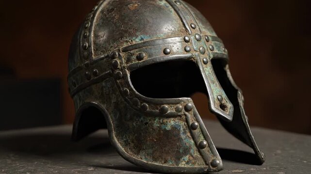 Ancient Metal Helmet with Patina - Close-up view of an ancient metal helmet showcasing its aged patina and riveted bands. The helmet rests on a dark surface against a blurred background.