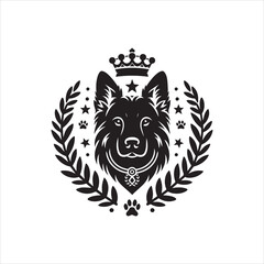 Regal German Shepherd Head with Crown Laurel Wreath Stars and Paw Prints.