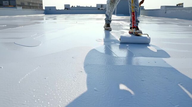 Professional Worker Applying White Liquid Reflective Coating on a Large Flat Roof, Ensuring Waterproofing and Energy Efficiency, Demonstrating Modern Roof Maintenance Techniques