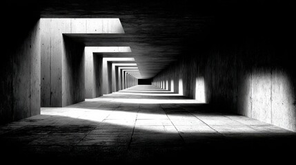 Fototapeta premium Dark Concrete Tunnel with Dramatic Light and Shadow Patterns architecture