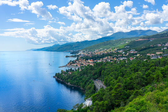 Scenic view of Opatija coastline, Adriatic Sea and mountains in Croatia Kvarner bay