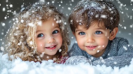 Two Happy Children Enjoying a Snowy Winter Day Together