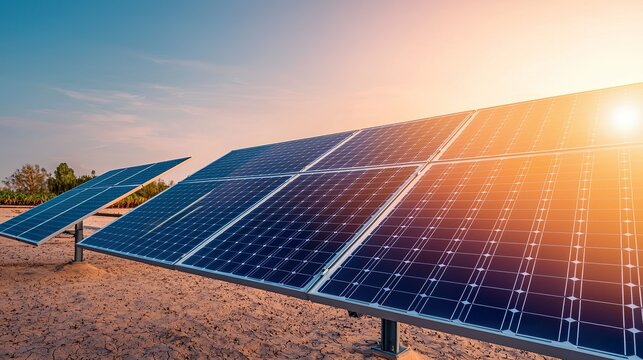 Modular solar panel array unfolding automatically on a desert landscape, generating clean energy, sustainable infrastructure, arid environment. 