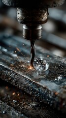 Close-up of a diamond being expertly drilled with sparks flying in a workshop setting