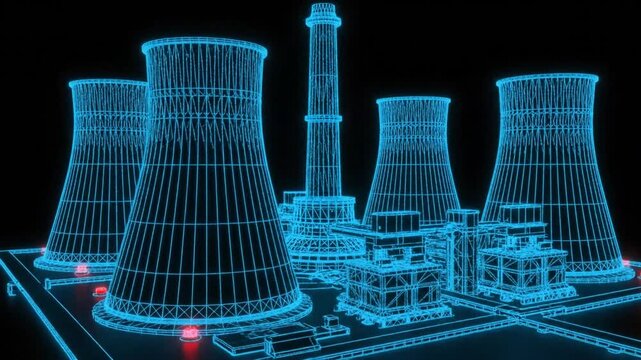 Neon Wireframe Nuclear Power Plant: Energy Production 3D Animation