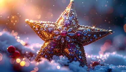 Ornate Christmas star in snowy landscape