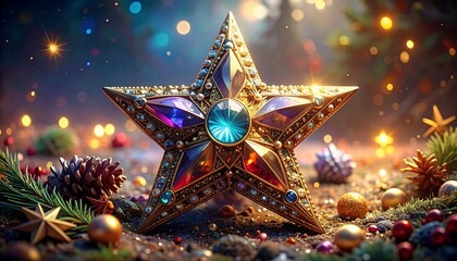 Ornate Christmas star on a bed of festive decorations