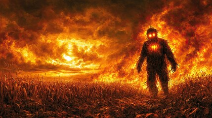 Fototapeta premium Fiery Creature Emerges from Flames in a Smoldering Landscape