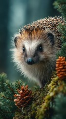 Fototapeta premium Hedgehog exploring a forest with pinecones nearby
