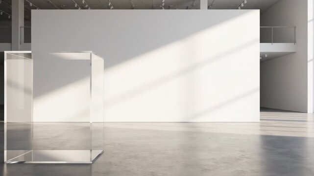 Modern Gallery Interior with Blank Wall - A spacious, minimalist gallery interior features a large blank white wall ideal for showcasing artwork or advertisements.