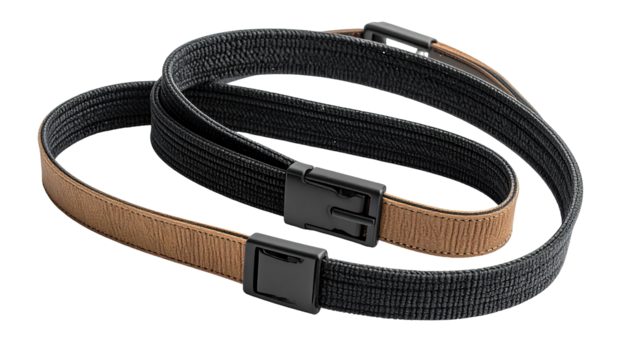 Two adjustable belts, one dark grey and one beige, laid over each other, showing a layered design